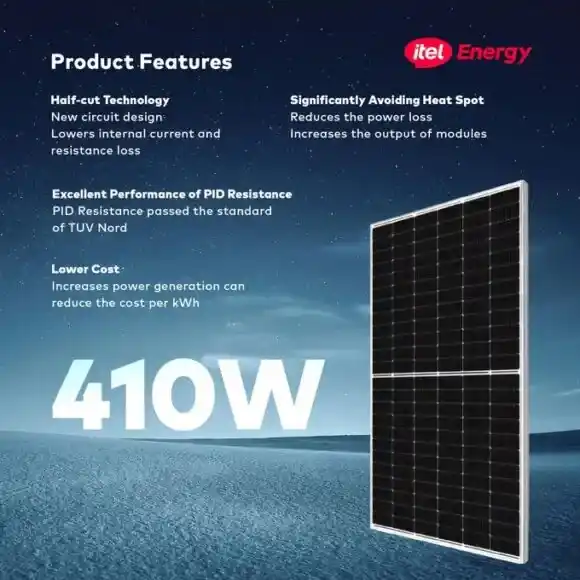 iTel 410W Solar Panel 20.97% module efficiency with 108 Mono cells (1722*1134*30mm) ODA410-27V-МHP  1 image - Mobimarket